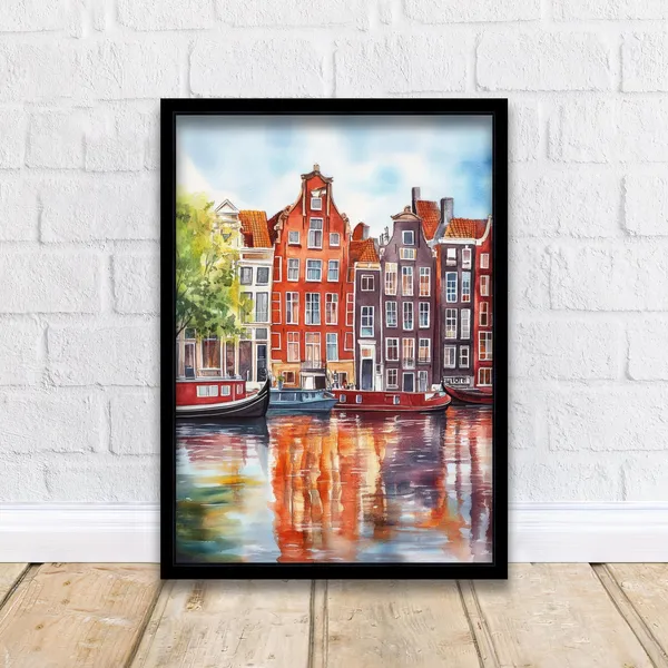 Amsterdam Watercolor Painting Art Print, Dutch Architecture