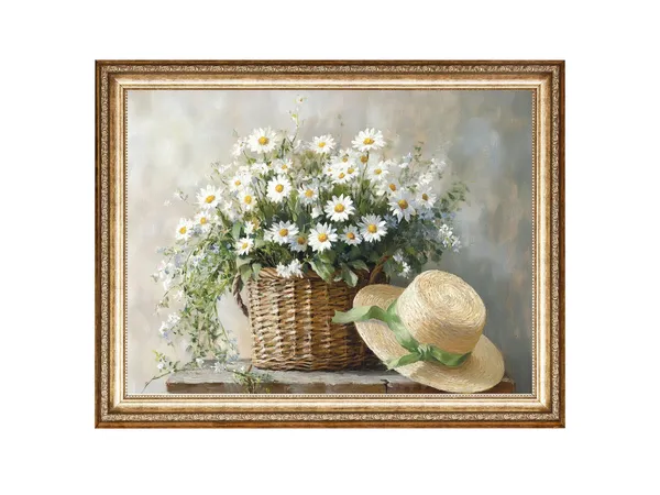 Daisy Bouquet in Wicker Basket, Cottage Core Art Print
