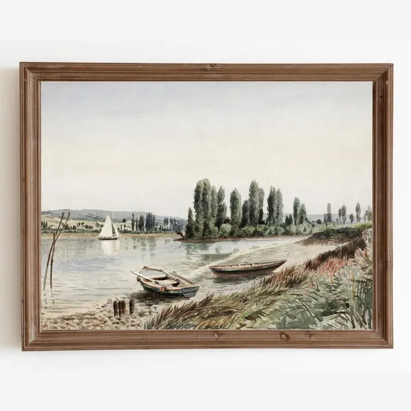Vintage Coastal Sailboat Seascape Art Print, Antique Decor
