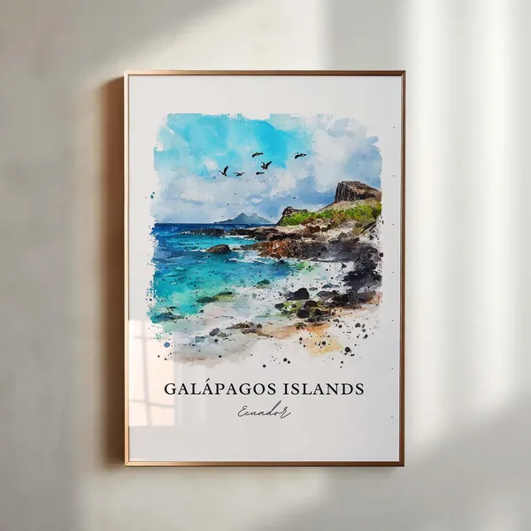 Galapagos Islands Watercolor Travel Poster, Ecuador
