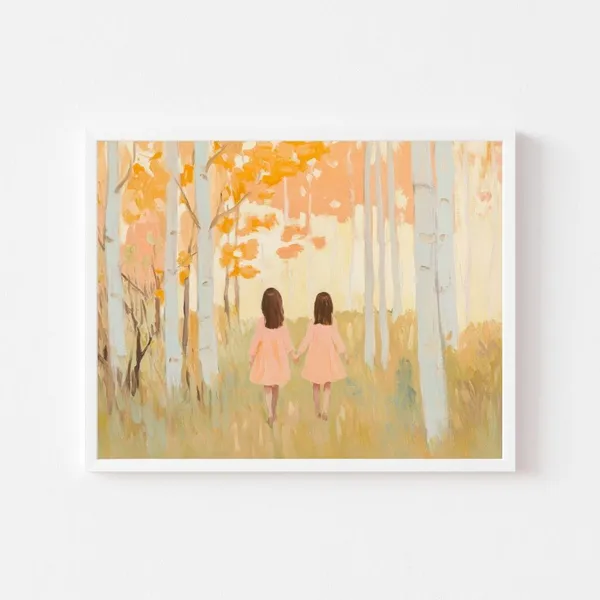 Autumn Forest Painting of Two Girls, Fall Landscape Art Print