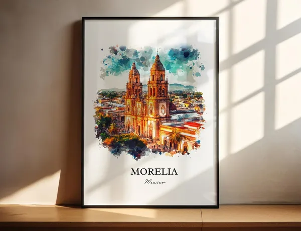 Morelia Mexico Watercolor Travel Poster, Michoacán