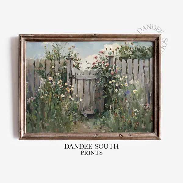 Country Garden Gate Landscape Print, Rustic Farmhouse Decor