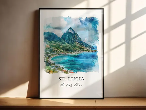 St Lucia Watercolor Travel Poster, Caribbean Island