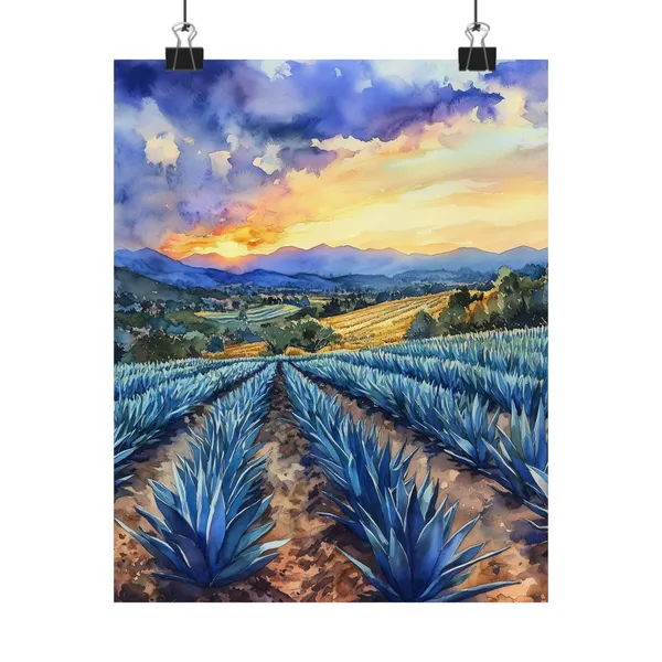 Agave Farm Sunset Watercolor, Mexican Landscape Art