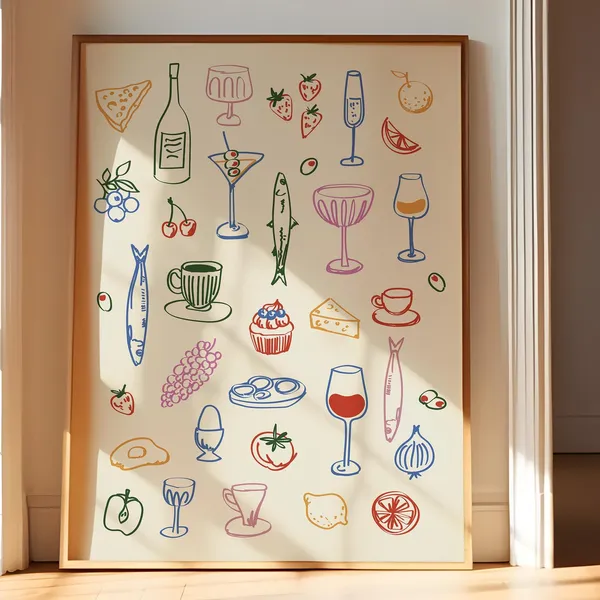 Kitchen Prints: Sardines, Cheese & Cocktails Retro Art
