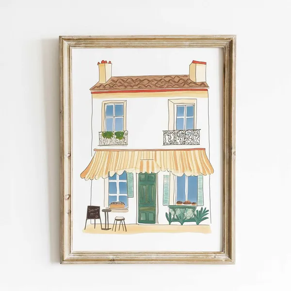 French Bakery Watercolor Art Print, Parisian Cafe