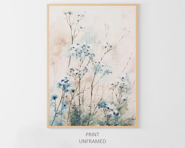 Wildflowers Watercolor Art Print, Neutral Blue Floral