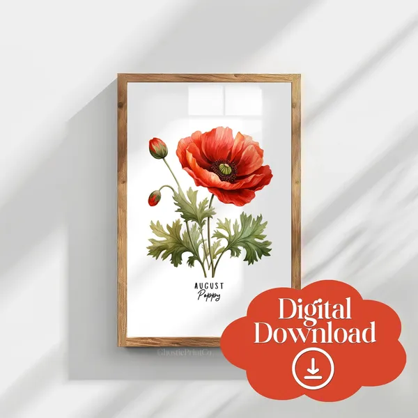 August Poppy Birth Flower Watercolor Art Print