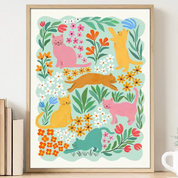 Cats In Garden Art Print, Floral Cat Wall Decor