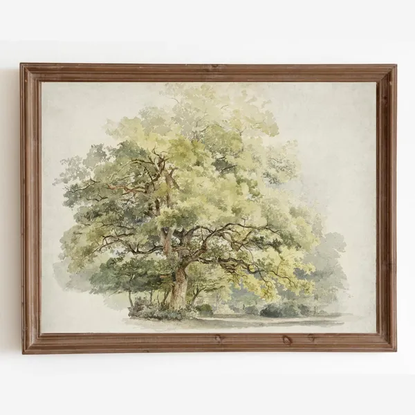Vintage Oak Tree Watercolor Landscape Art Print