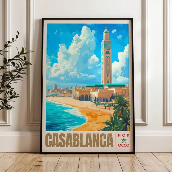 Casablanca Travel Poster, Hassan II Mosque Morocco