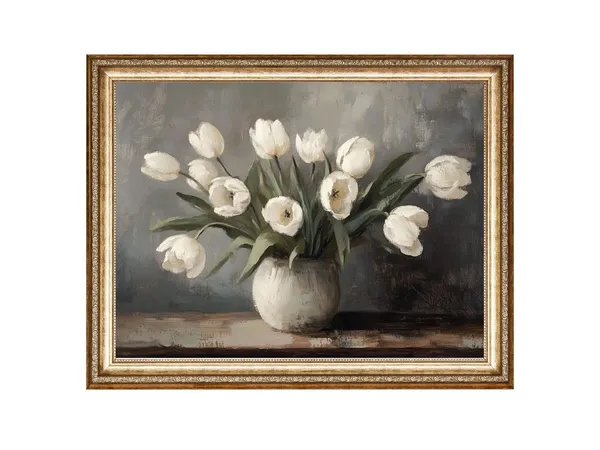 White Tulips Vintage Floral Art, Cottagecore Print