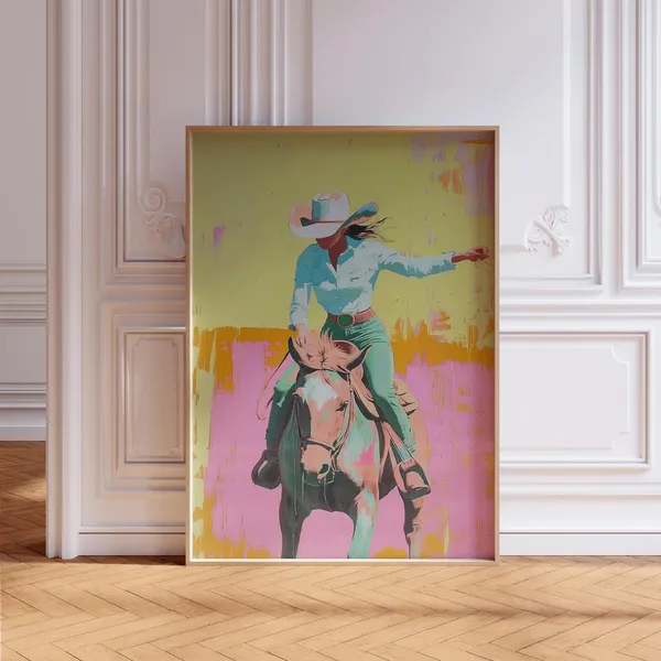 Surreal Cowgirl Art Print, Vibrant Western Landscape
