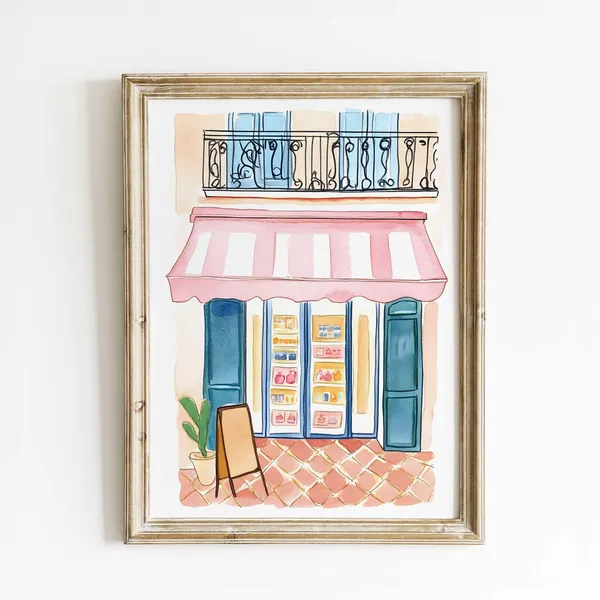 Paris Bakery Watercolor Art Print, French Cafe Scene