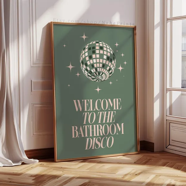 Bathroom Disco Print, Sage Green Pink Minimalist Art Print