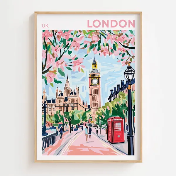 London Travel Poster, UK Home Decor Illustration