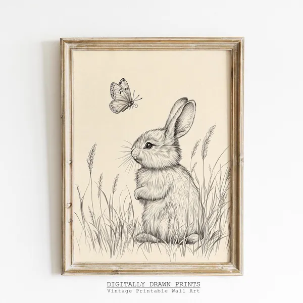 Easter Bunny Sketch, Vintage Rabbit Farmhouse Art Print