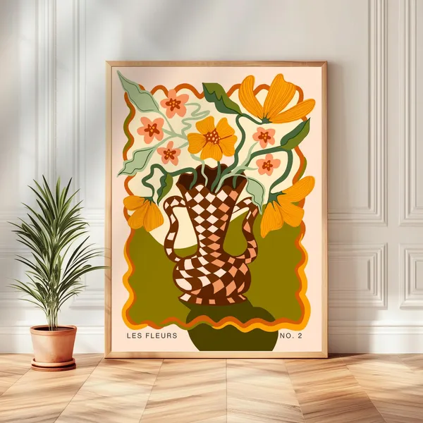 Retro Boho Flower Vase Art Print, Floral Wall Decor