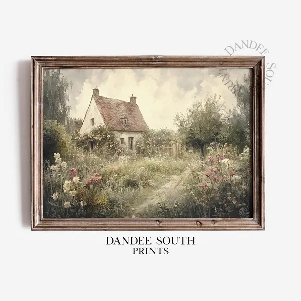 Vintage Wildflowers Landscape Art Print, Farmhouse Decor