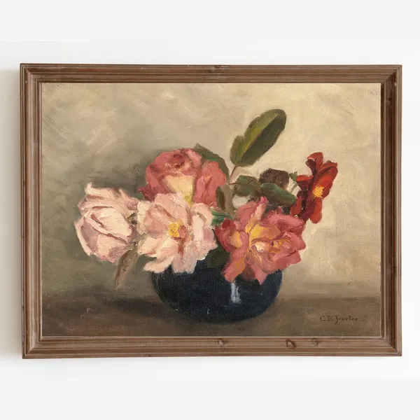 Vintage Rose Flower Still Life Art Print, Farmhouse