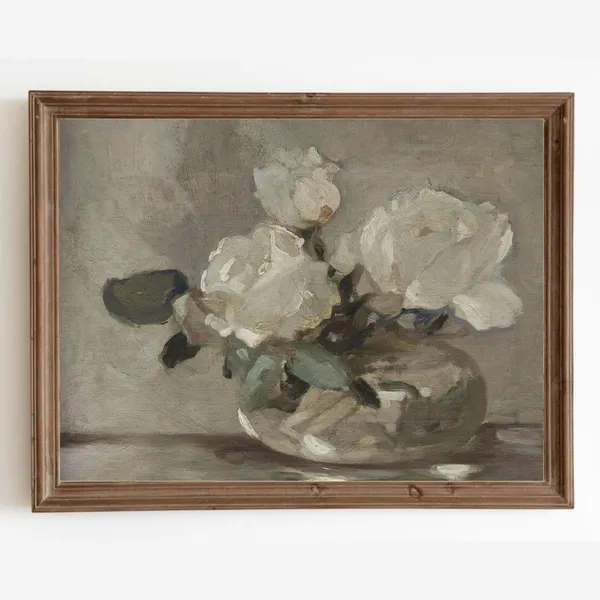 Vintage Roses Still Life, Rustic Floral Art Print