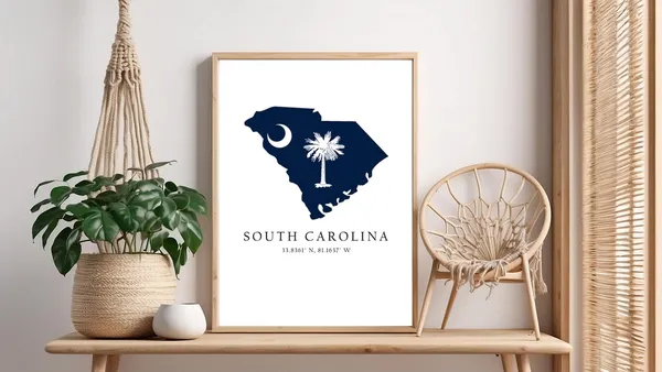 South Carolina Map Print, Latitude Longitude Coordinates
