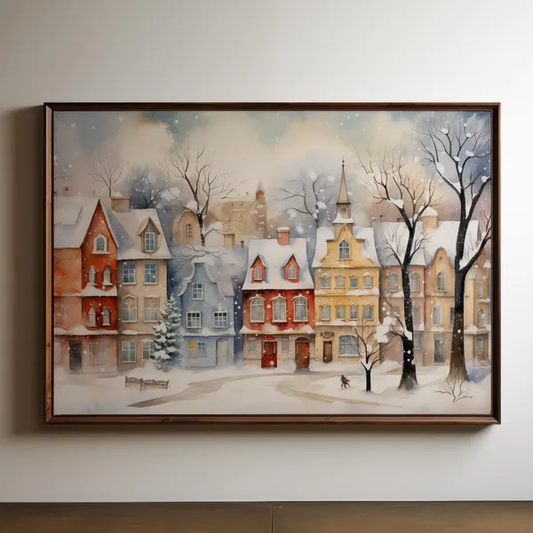 Christmas Village Art Print, Cozy Winter Holiday Scene