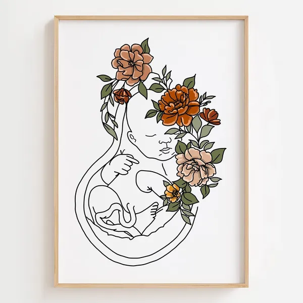 Floral Womb Anatomy Art Print, Flower Fetus Line