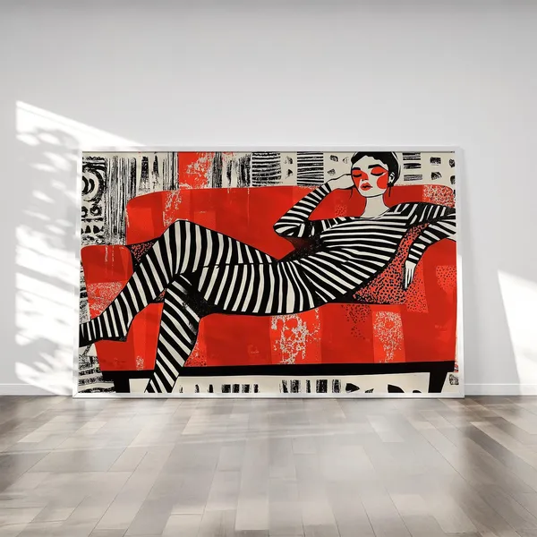 Woman Relaxing On Red Orange Couch Art Print