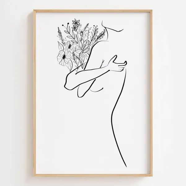 Floral Woman Line Art Print, Minimalist Figure