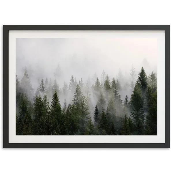 Misty Forest Mountain Art Print, Moody Pine Trees