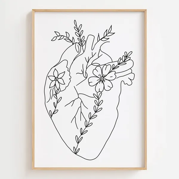 Floral Heart Anatomy Line Art Print, Minimalist