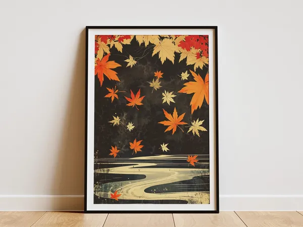 Autumn Maple Leaves, Japanese River Landscape Art Print