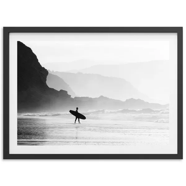Minimalist Surf Print, Black and White Ocean Cliffs