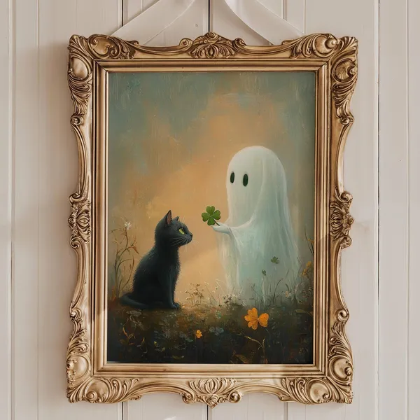 Black Cat And Ghost With Four Leaf Clover Art Print