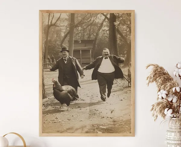Obese Victorian Men Chasing Turkey Vintage Humor Art