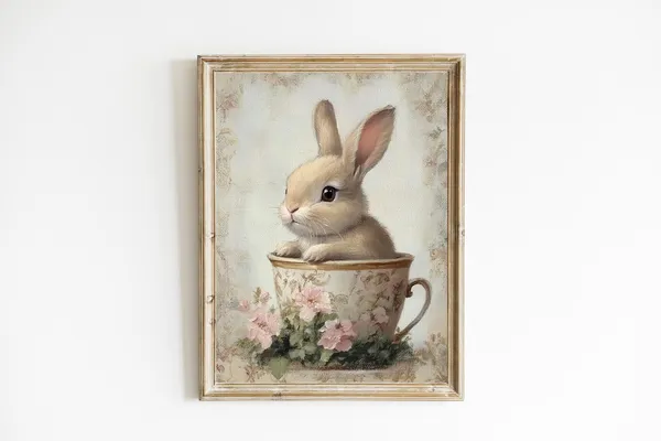 Vintage Baby Bunny Print, Spring Floral Nursery Art