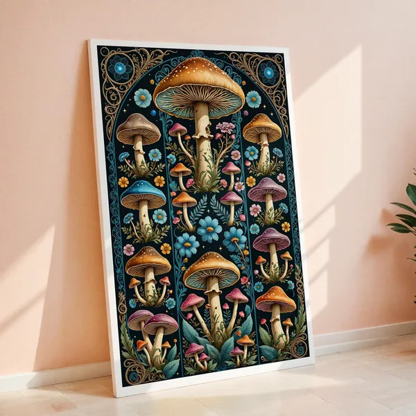 Whimsical Mushroom Garden Art Print, Botanical Fantasy