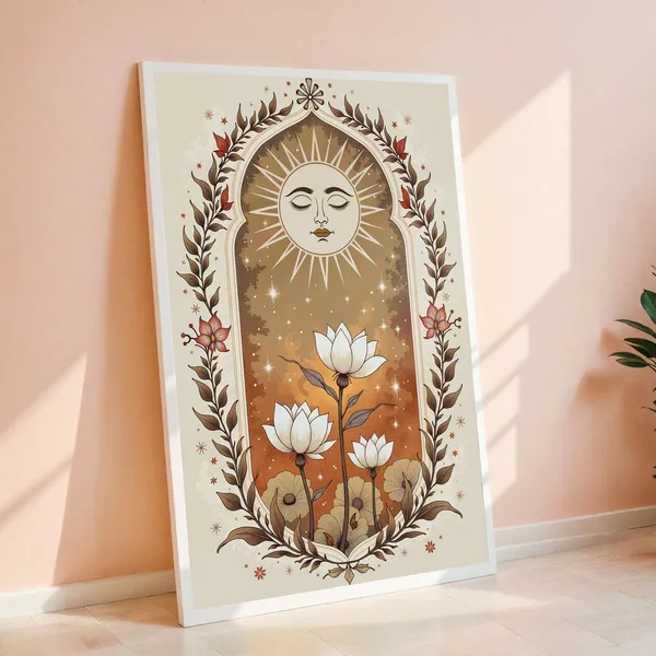 Vintage Sun And Floral Art Print, Boho Botanical Decor