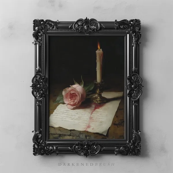 Romantic Candle Rose Still Life Art Print, Vintage Gothic