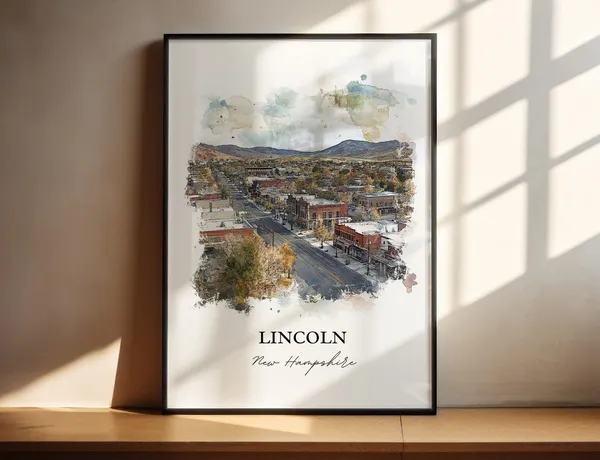 Lincoln NH Watercolor Travel Poster, White Mountains