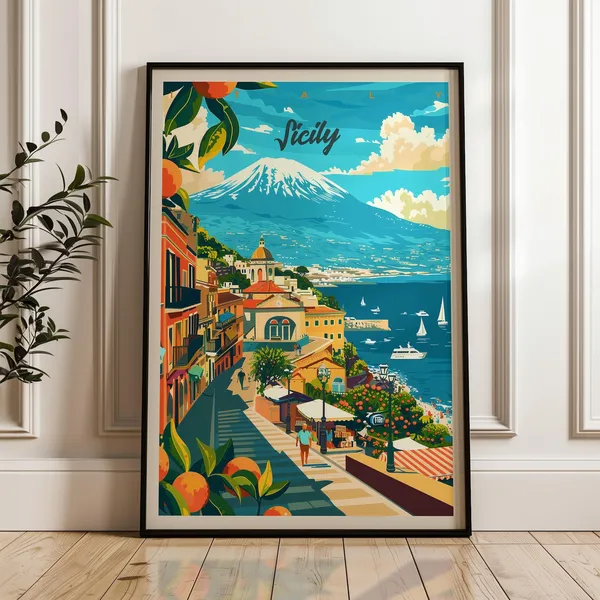 Sicily Travel Poster, Italy Volcano Illustration