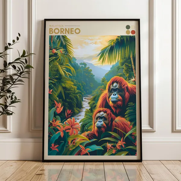 Borneo Travel Poster, Malaysia Orangutan Jungle