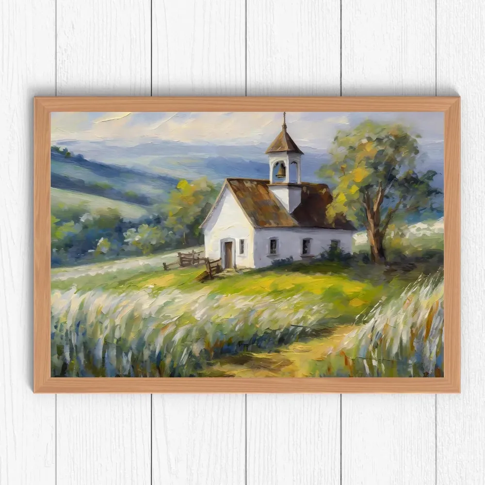 Country Church Painting, Rustic Farmhouse Landscape Art