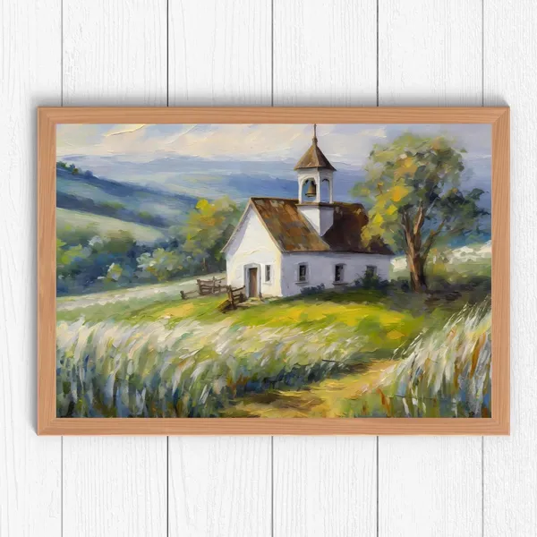 Country Church Painting, Rustic Farmhouse Landscape Art