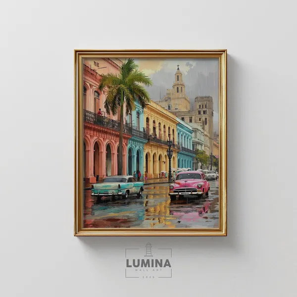 Rainsoaked Havana In Spring, Vintage Cuban Cars Travel Poster