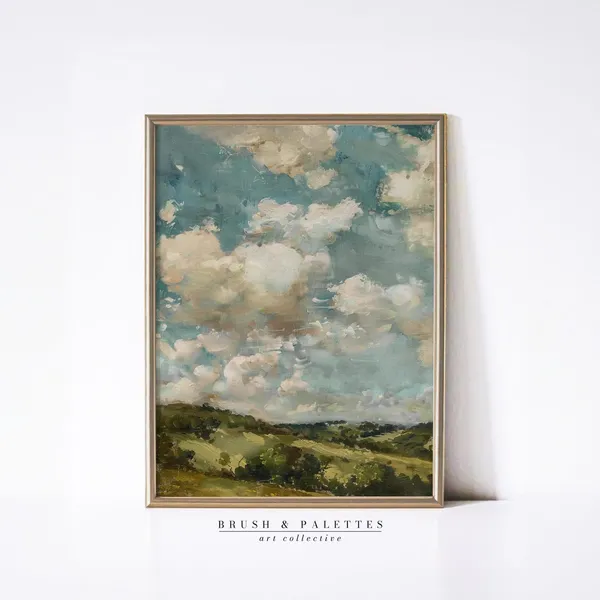 Cloudy Sky Landscape Art Print, Soft Pastel Countryside