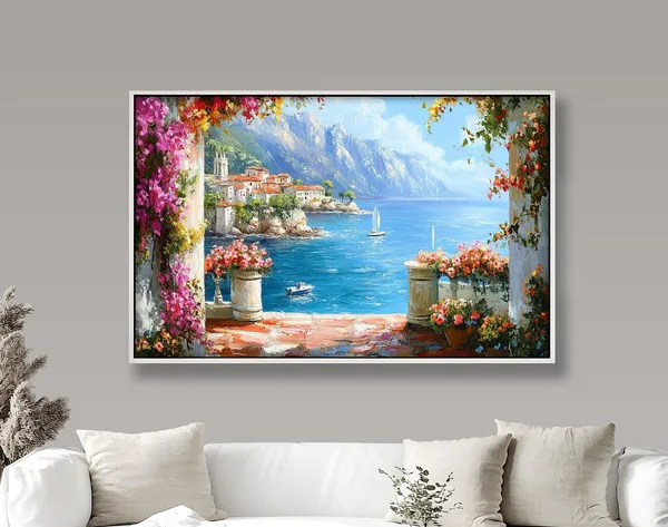 Mediterranean Seaside Oil Painting, Coastal Landscape Art Print