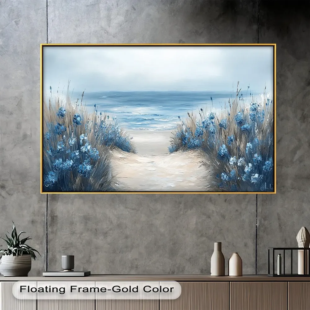 Coastal Path Art Print, Blue Floral Beach Landscape - Image 3
